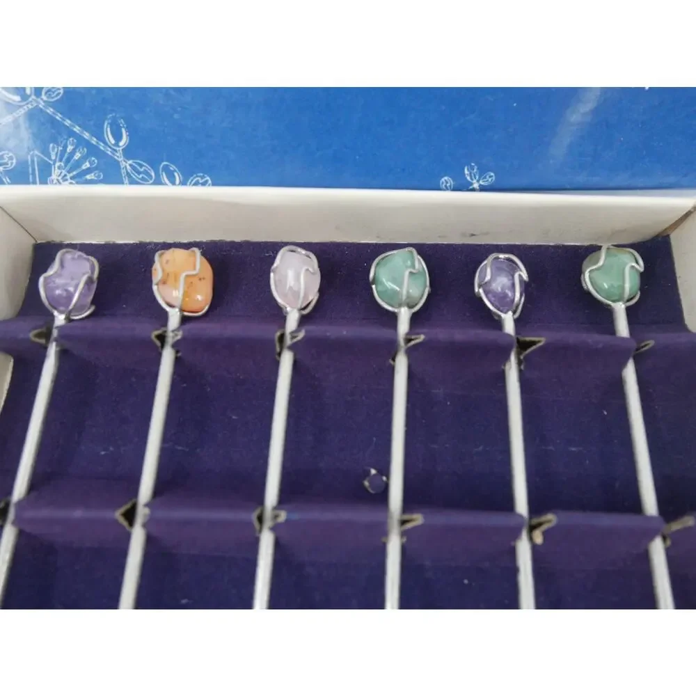 Vintage Barasch Sylmar Set of 12 Gem Stone Appetizer Picks Barware With Box